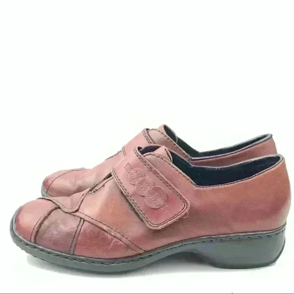 Rieker womens flats size 37 burgundy leather sticky strap walking